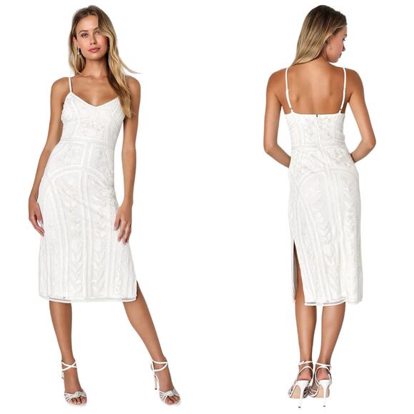 Lulus Alluring Interest White Sequin Embroidered Sleeveless Midi Dress size S - Picture 1 of 5